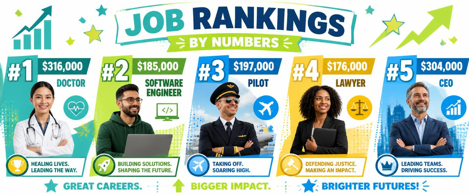 Bright Job Rankings by Numbers montage showing the top five ranked careers — Doctor $316,000, Software Engineer $185,000, Pilot $197,000, Lawyer $176,000 and CEO $304,000 — with colourful panels, growth arrows and the tagline Great careers, bigger impact, brighter futures. Images and Photos created by www.High-Salary-Jobs.com — The Website that Shows you real Work Incomes in Relation to Roles and Education