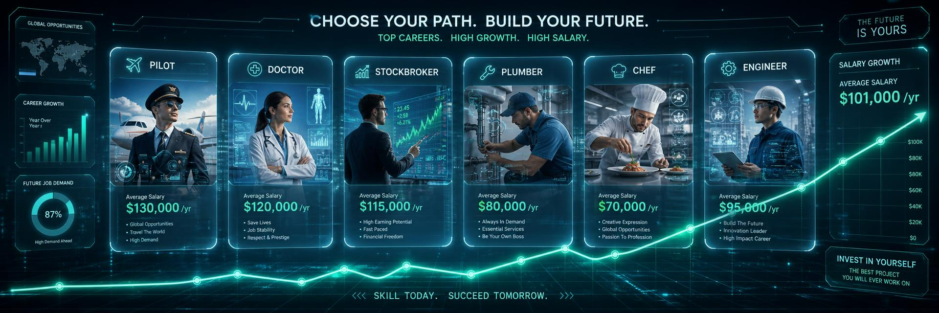 Futuristic career dashboard collage showing six professions — Pilot, Doctor, Stockbroker, Plumber, Chef and Engineer — displayed as glowing holographic cards with average salaries, surrounded by salary growth charts, world maps and the headline Choose Your Path. Build Your Future. Images and Photos created by www.High-Salary-Jobs.com — The Website that Shows you real Work Incomes in Relation to Roles and Education