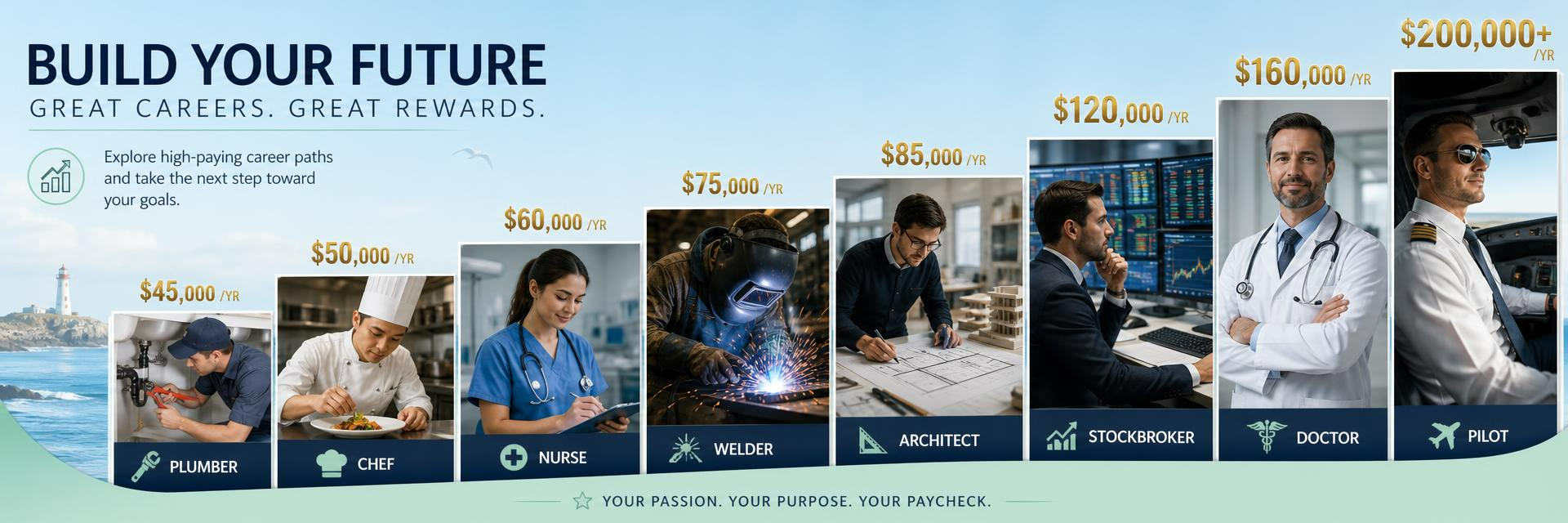 Build your future banner showing diverse professionals from plumber and chef to nurse, welder, architect, stockbroker, doctor and pilot with salary steps from $45,000 to $200,000+ per year. Images and Photos created by www.High-Salary-Jobs.com — The Website that Shows you real Work Incomes in Relation to Roles and Education