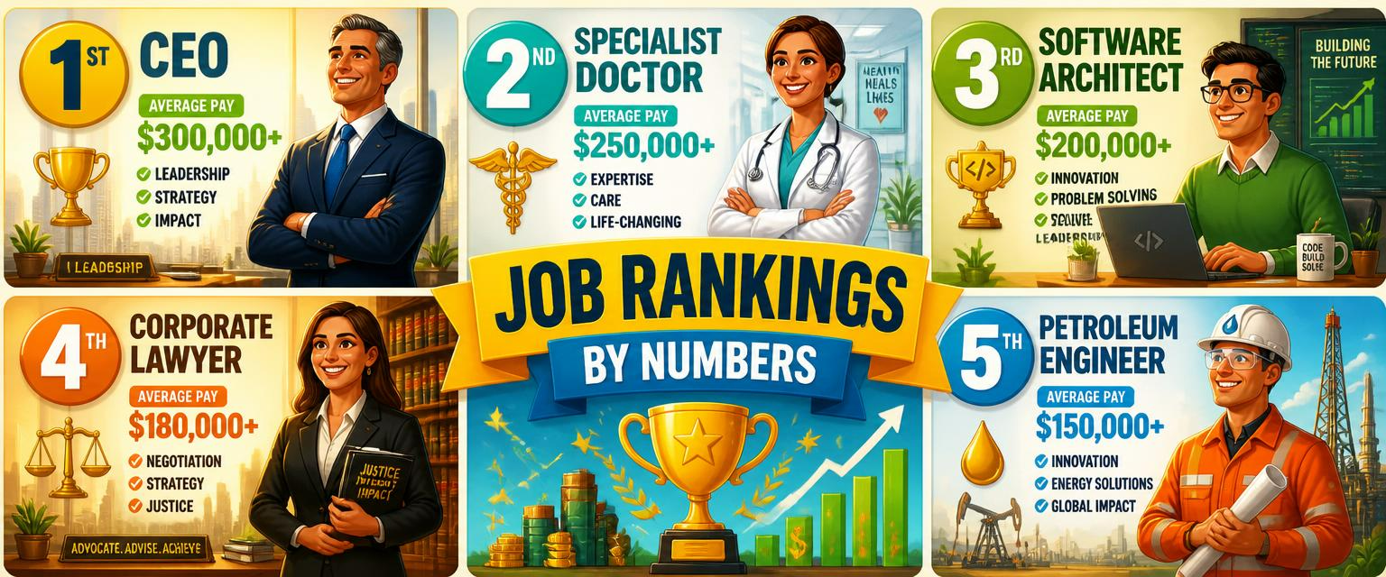Vibrant Job Rankings by Numbers montage showing the top five high-paying careers — CEO $300,000+, Specialist Doctor $250,000+, Software Architect $200,000+, Corporate Lawyer $180,000+ and Petroleum Engineer $150,000+ — with a golden trophy, growth arrows and salary figures. Images and Photos created by www.High-Salary-Jobs.com — The Website that Shows you real Work Incomes in Relation to Roles and Education