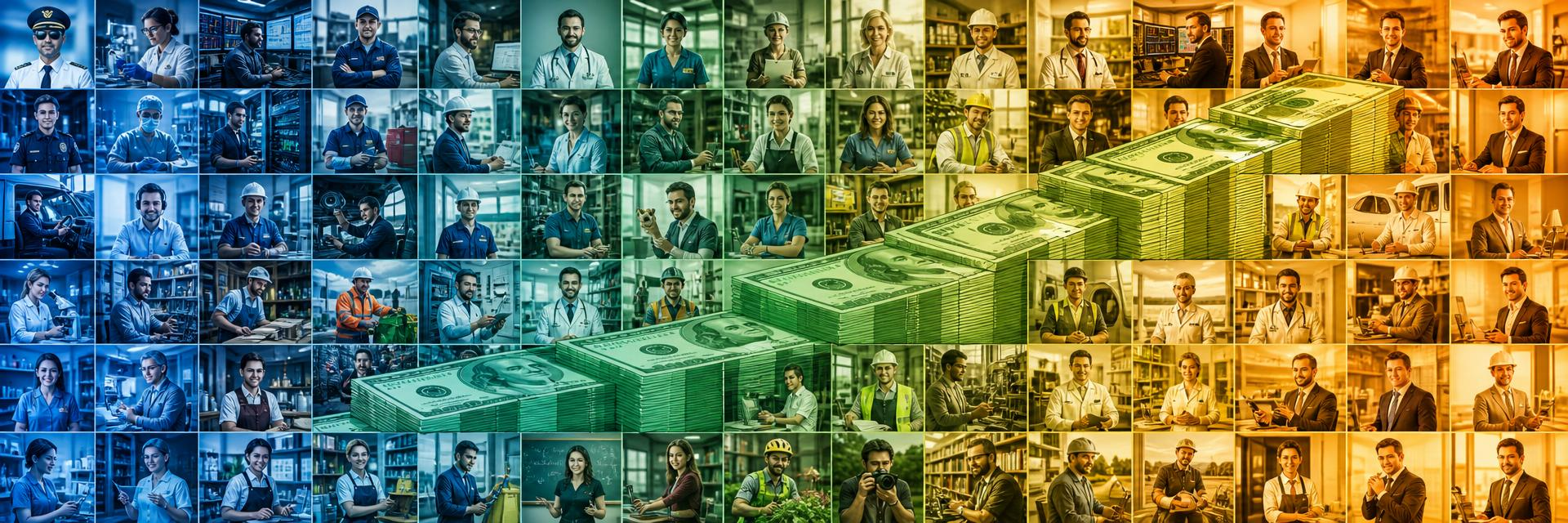 Job listings montage showing a grid of diverse professionals from pilots and surgeons to chefs, engineers and tradespeople with stacks of green dollar bills representing salaries across every career level. Images and Photos created by www.High-Salary-Jobs.com — The Website that Shows you real Work Incomes in Relation to Roles and Education