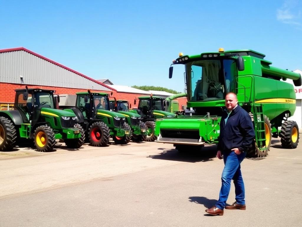 Farm machinery dealer standing beside a green combine harvester and tractors for sale