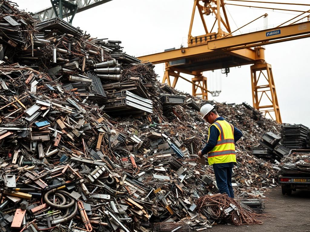 Worker in hi-vis sorting non-ferrous metal at a scrap recycling yard with a magnet crane