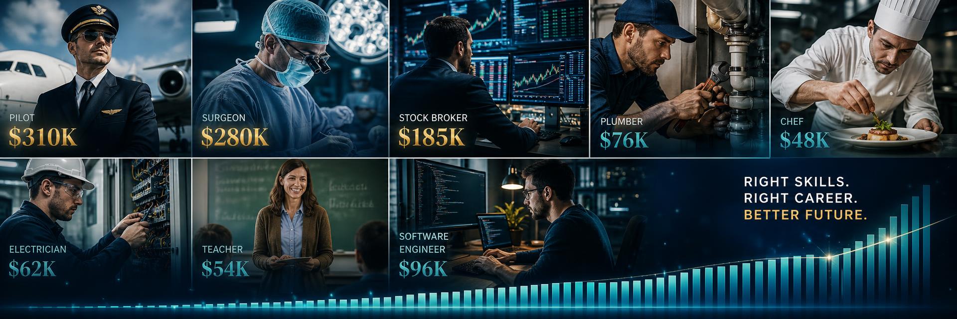 Profession montage number 1 combining pilots, doctors, stockbrokers, plumbers, chefs and engineers with salary figures showing the variation in pay from one profession to the next. Images and Photos created by www.High-Salary-Jobs.com — The Website that Shows you real Work Incomes in Relation to Roles and Education