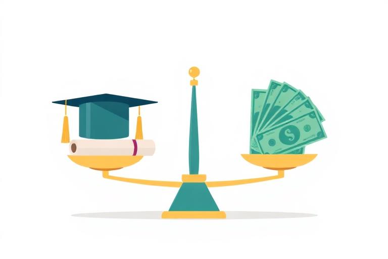 Illustration of a balance scale weighing a scholar's cap and certificate against a fan of green dollar notes, representing education compared with pay. Images and Photos created by www.High-Salary-Jobs.com — The Website that Shows you real Work Incomes in Relation to Roles and Education