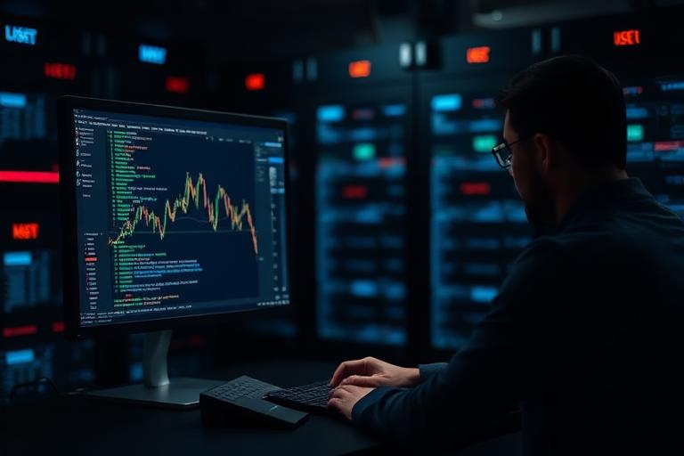 Algorithmic FX developer coding a strategy with backtest results on screen