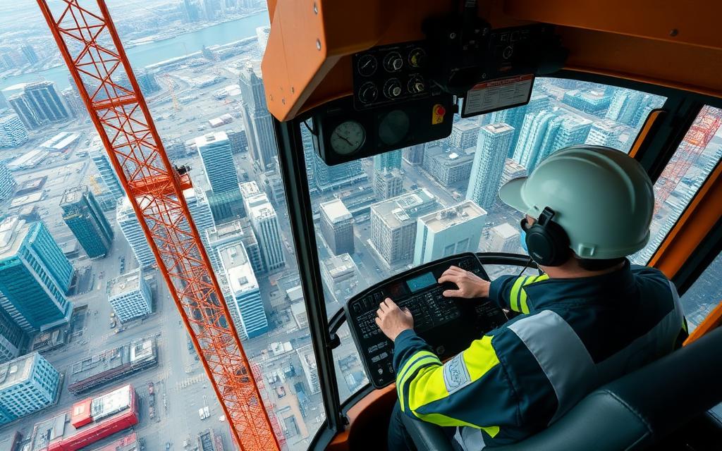 Tower crane operator in the cab high above a city construction site