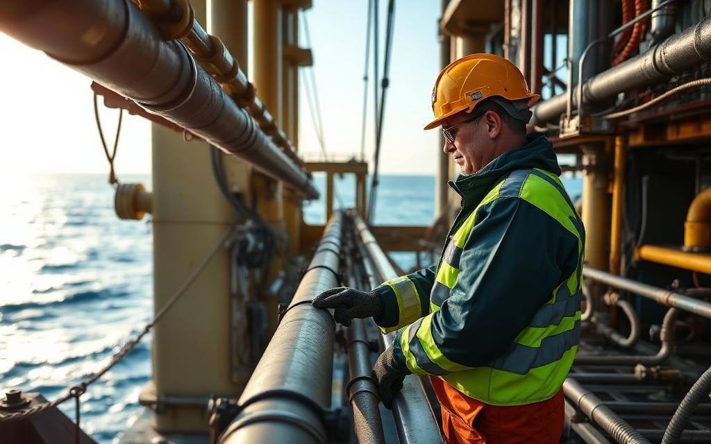 Oil rig derrickhand working on the drill floor of an offshore rig