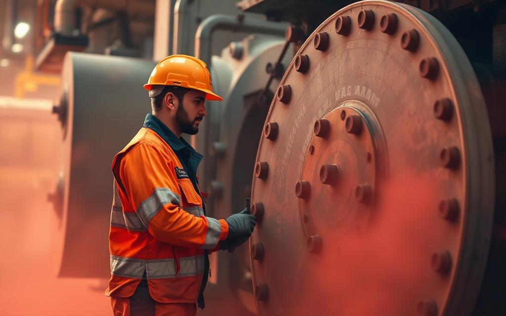 FIFO mining fitter in hi-vis working on plant machinery