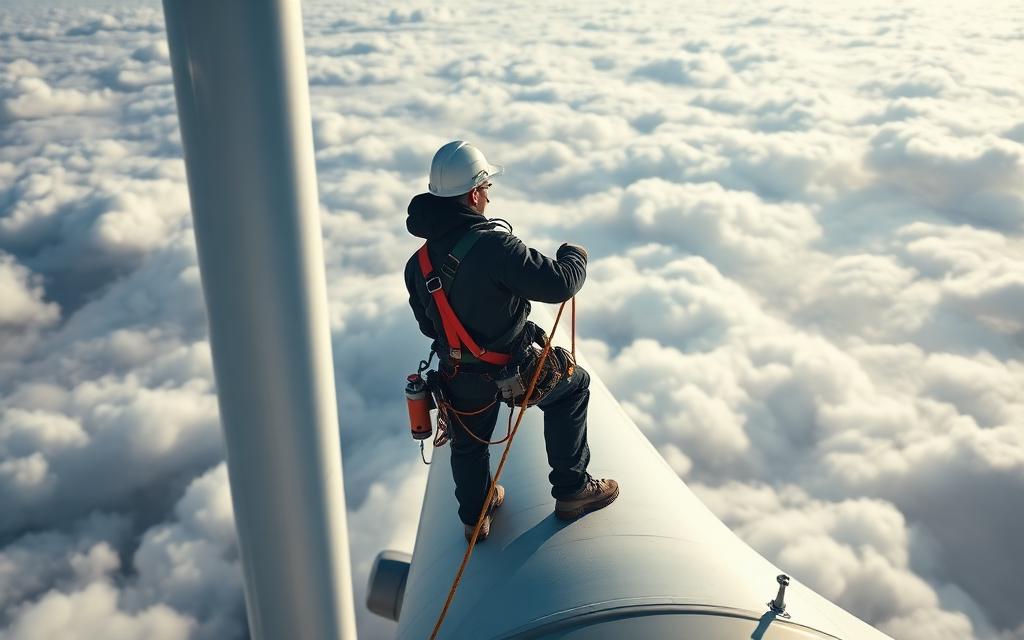 Wind turbine technician harnessed on a turbine blade above the clouds