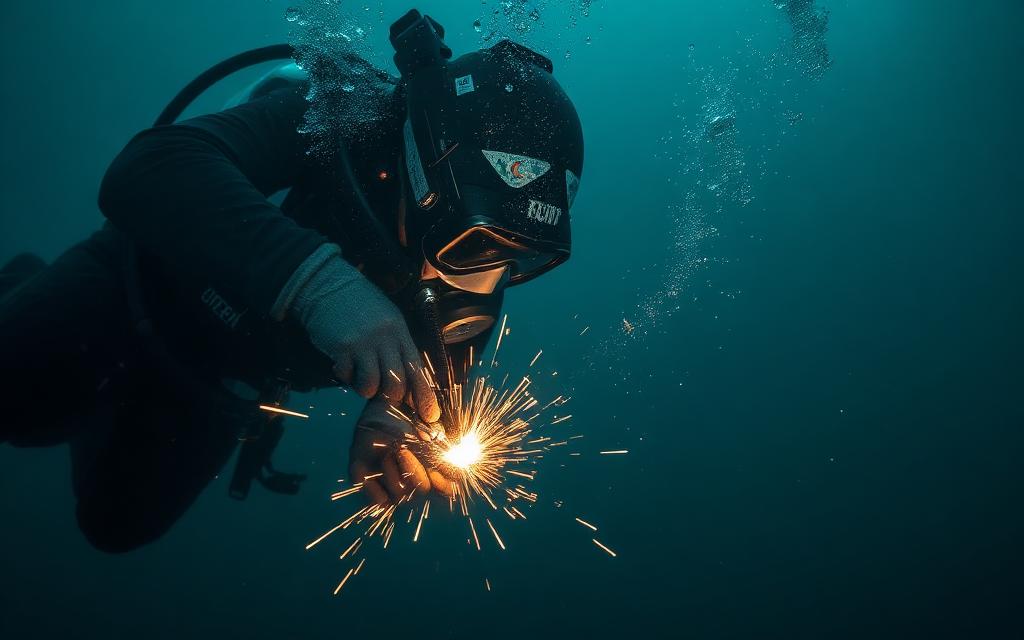 Saturation diver welding underwater with sparks and bubbles