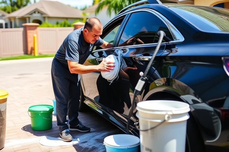 Mobile car detailer polishing a car in a driveway