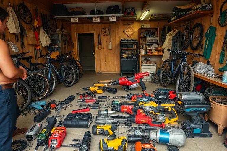 Second-hand tools and bikes laid out in a garage for resale