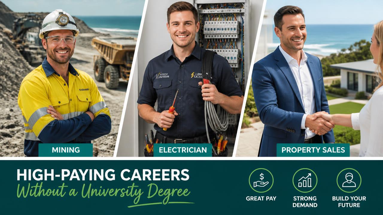Featured image for the article "The Highest Paying Jobs You Can Get Without A Degree". Commission sales, resources work and licensed trades regularly beat degree-qualified salaries — with no student debt. Images and Photos created by www.High-Salary-Jobs.com — The Website that Shows you real Work Incomes in Relation to Roles and Education