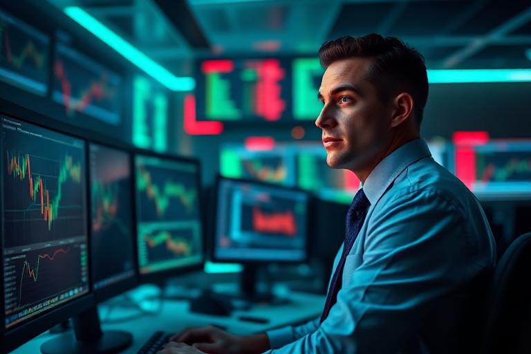 Bank equity trader watching multiple screens of share price charts on a trading floor