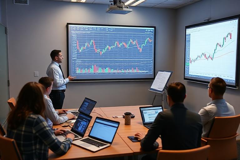 Trading educator teaching a classroom with a projected stock chart