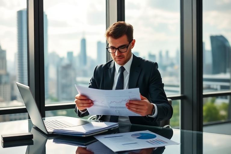 Hedge fund analyst reading printed equity research in a glass city office
