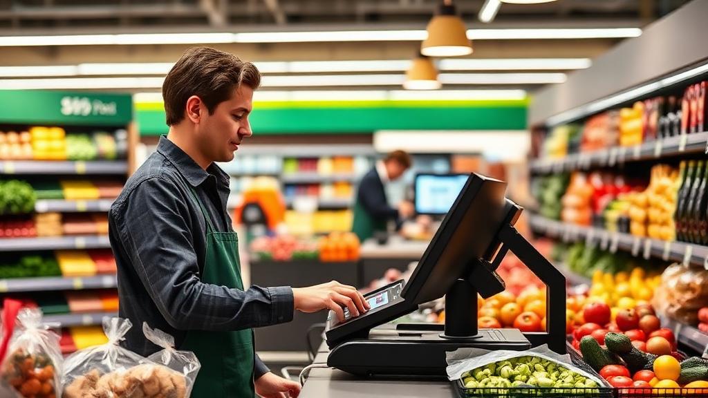 Supermarket Checkout Operator at work — Images and Photos created by www.High-Salary-Jobs.com — The Website that Shows you real Work Incomes in Relation to Roles and Education
